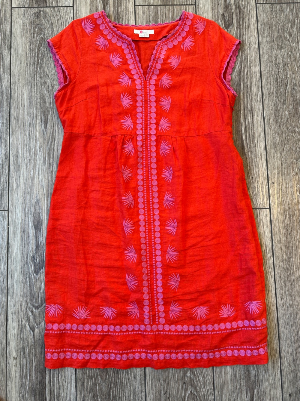Boden Red and Pink Embroidered Mexican Inspired Cap-Sleeve Linen Shift Dress 10L